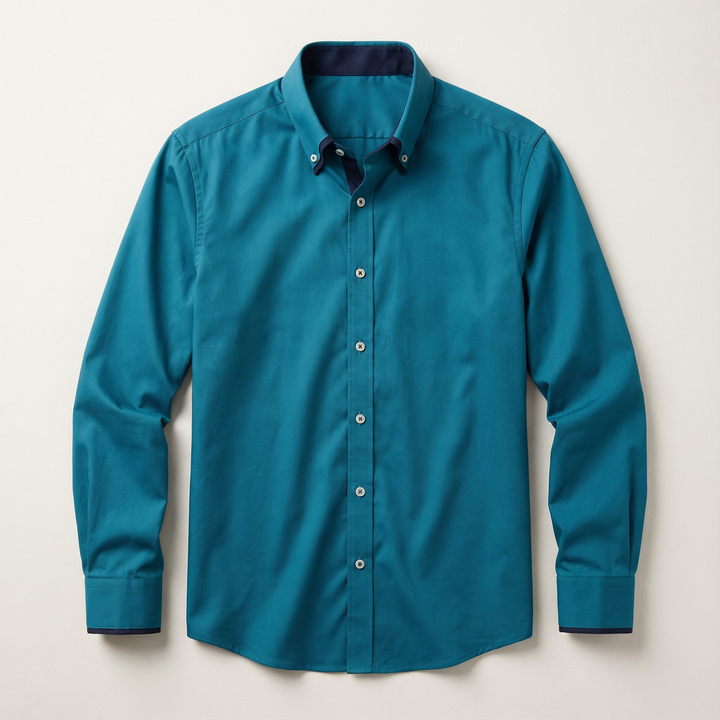 Men’s Long-Sleeve Button-Up Shirt – Stand Collar, Contrast Cuffs