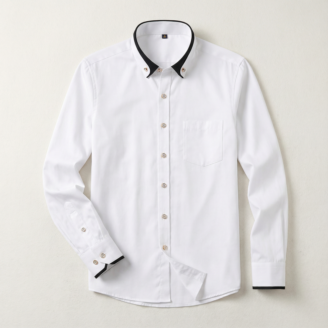 Men’s Long-Sleeve Button-Up Shirt – Stand Collar, Contrast Cuffs