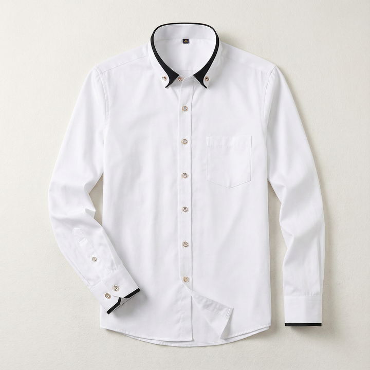 Men’s Long-Sleeve Button-Up Shirt – Stand Collar, Contrast Cuffs