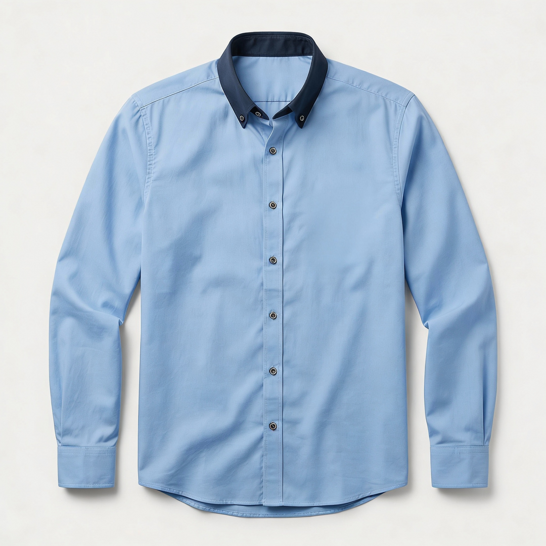 Men’s Long-Sleeve Button-Up Shirt – Stand Collar, Contrast Cuffs