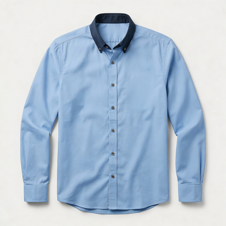 Men’s Long-Sleeve Button-Up Shirt – Stand Collar, Contrast Cuffs