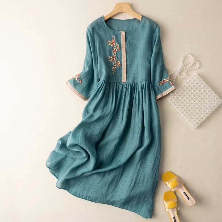 Cotton linen dress with drawstring waist for women