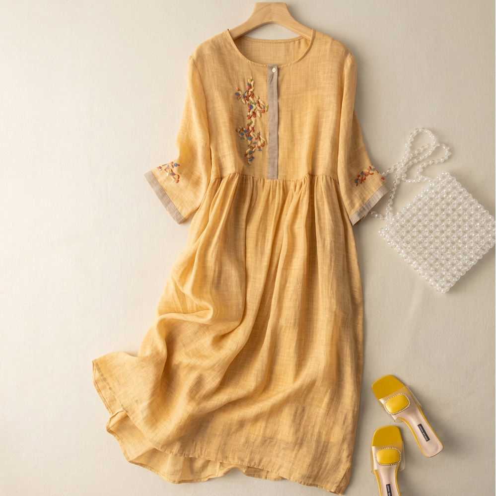 Cotton linen dress with drawstring waist for women