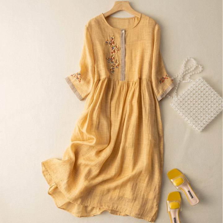 Cotton linen dress with drawstring waist for women