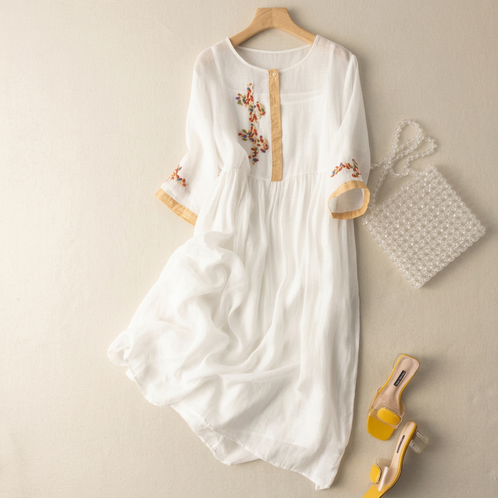 Cotton linen dress with drawstring waist for women