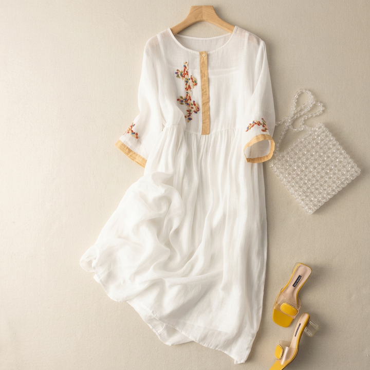 Cotton linen dress with drawstring waist for women