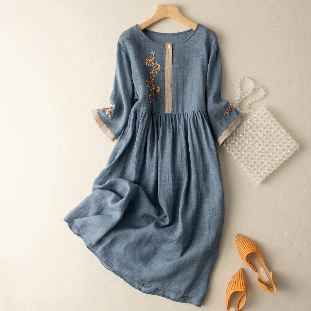Cotton linen dress with drawstring waist for women