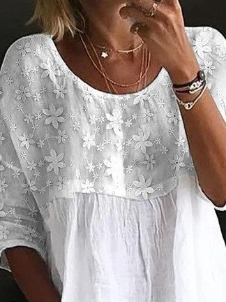 Lace embroidered patchwork top with loose fit and crew neck for women