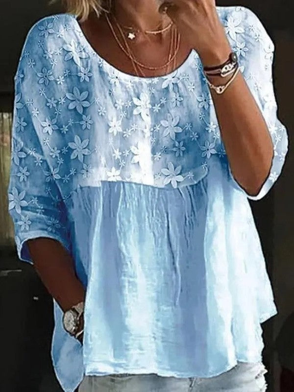 Lace embroidered patchwork top with loose fit and crew neck for women