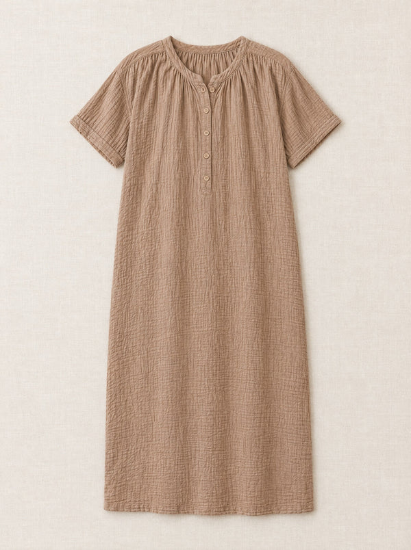 Double-gauze cotton button-front nightdress with short sleeves