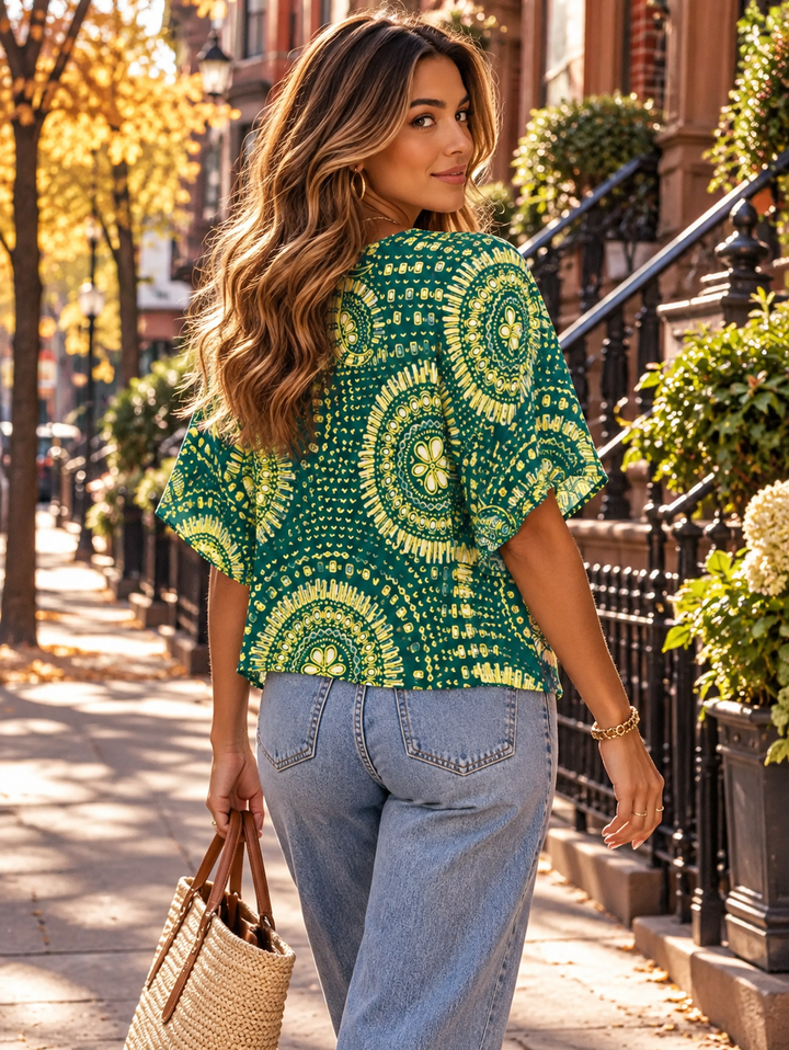 Boho blouse with mandala print and half sleeves for women