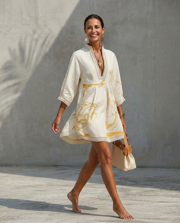 V-neck mini dress with trim detail and flowing fit for women