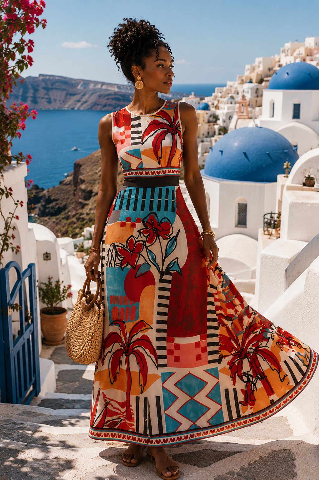 Maxi dress sleeveless with tropical art print for women