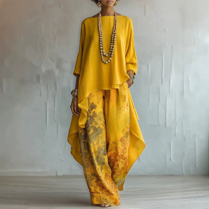 Boho two-piece set with asymmetric tunic and wide leg pants for women