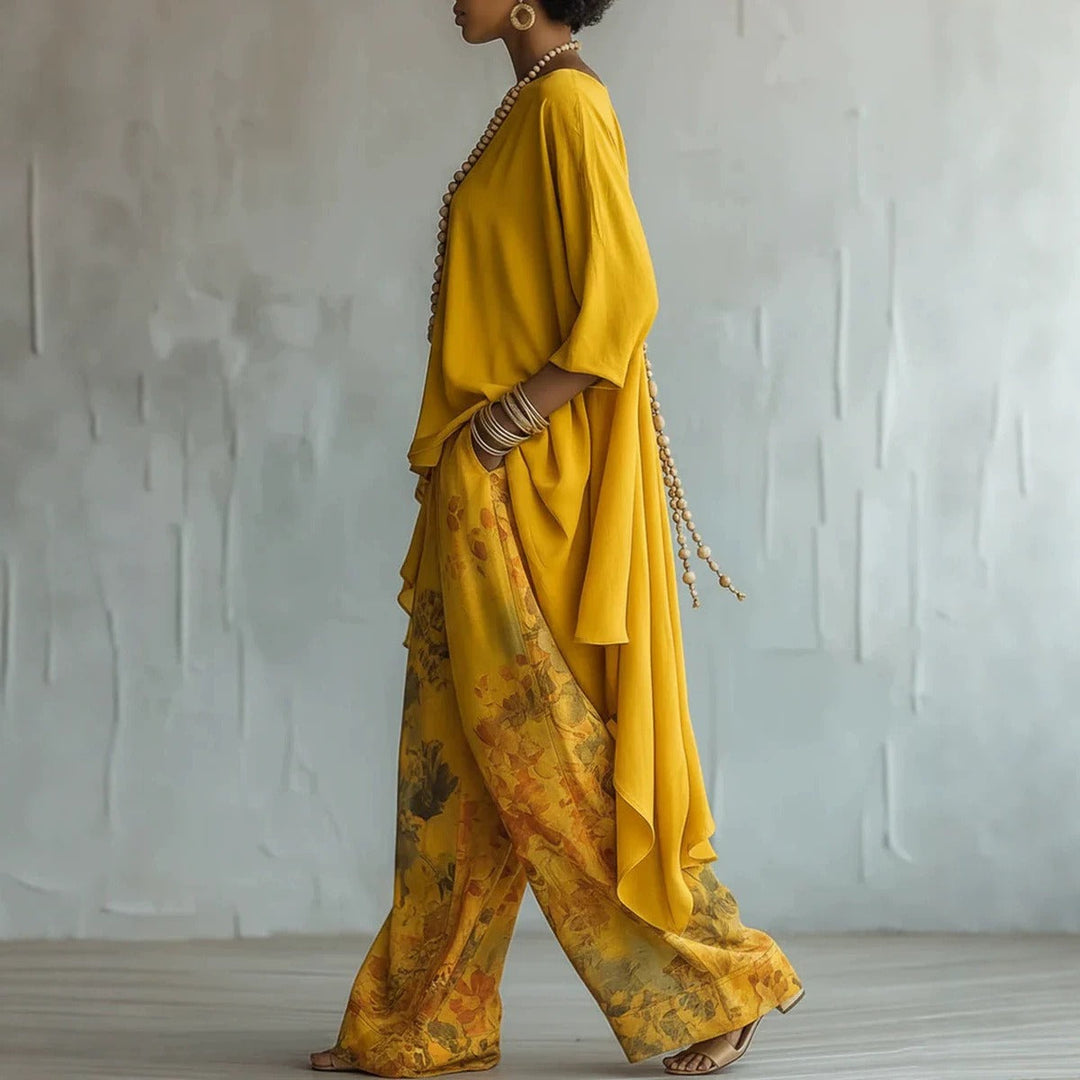 Boho two-piece set with asymmetric tunic and wide leg pants for women