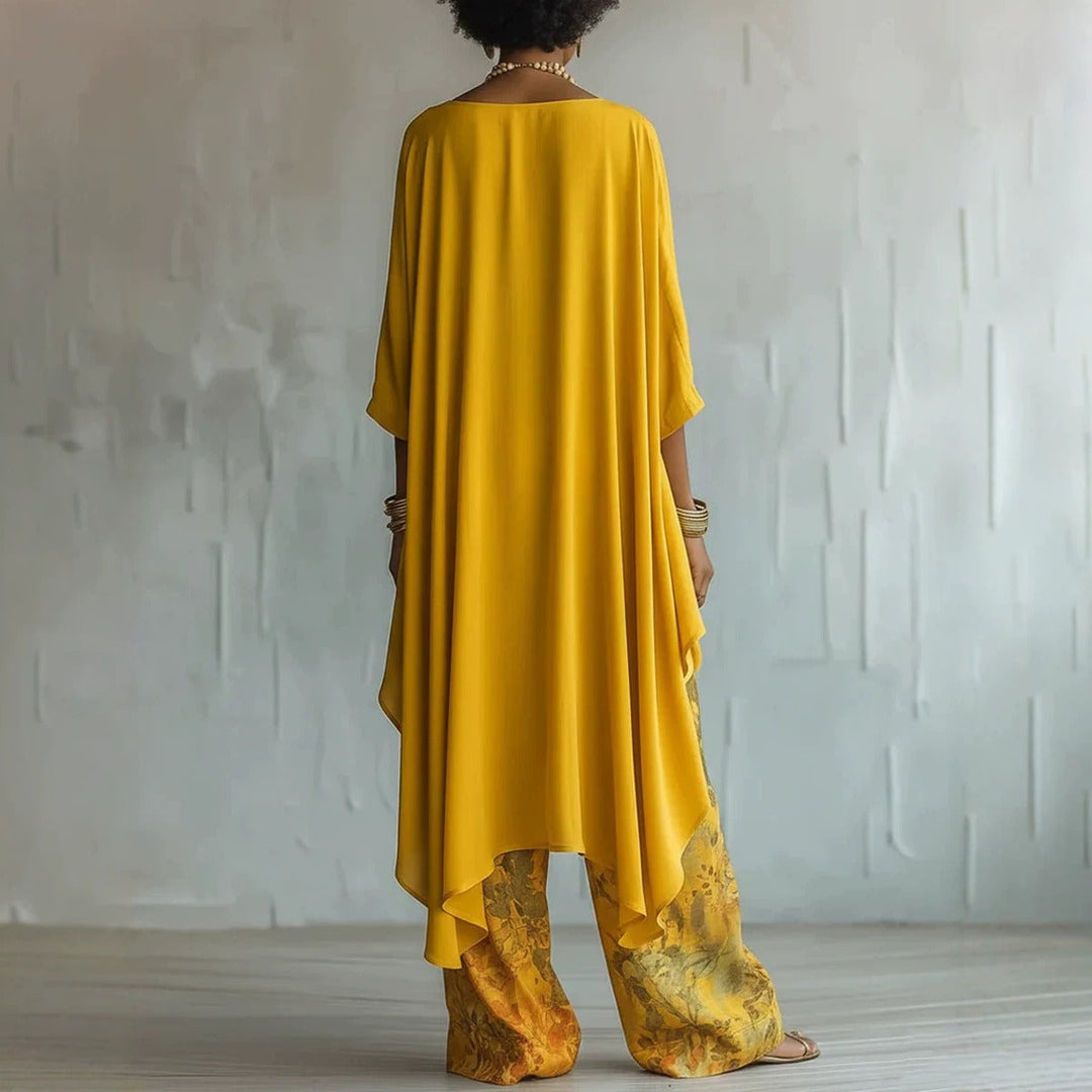 Boho two-piece set with asymmetric tunic and wide leg pants for women