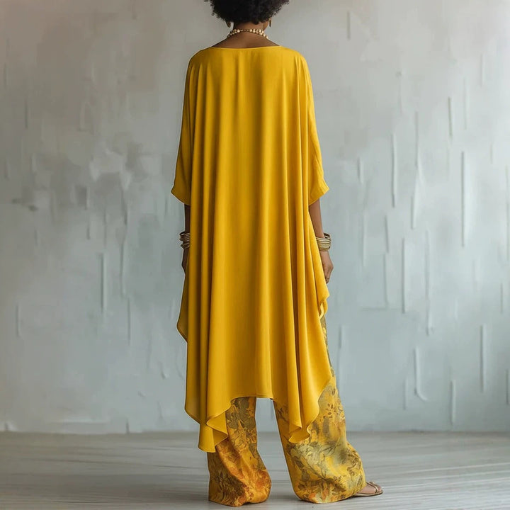 Boho two-piece set with asymmetric tunic and wide leg pants for women