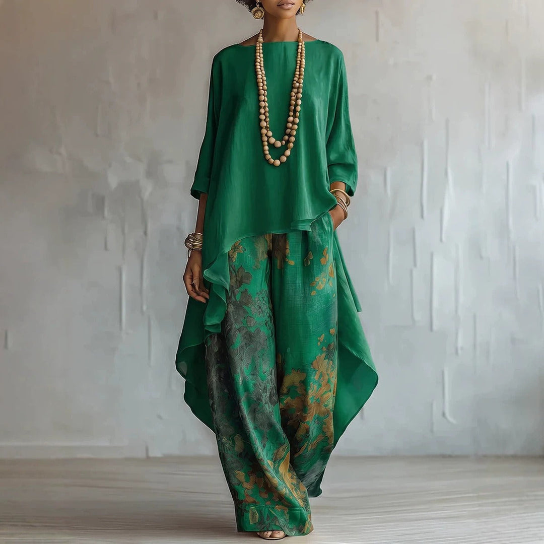 Boho two-piece set with asymmetric tunic and wide leg pants for women