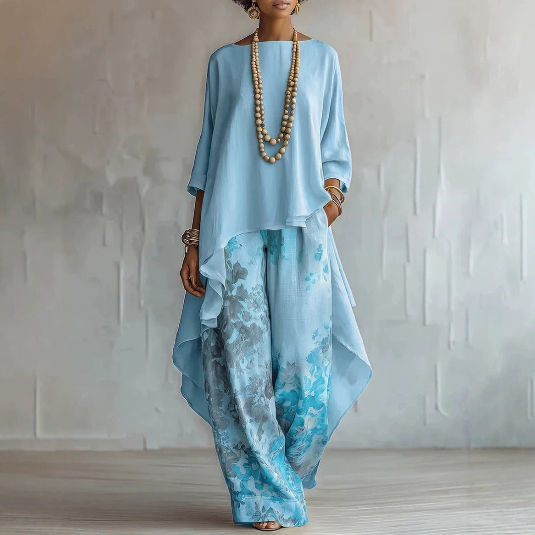 Boho two-piece set with asymmetric tunic and wide leg pants for women