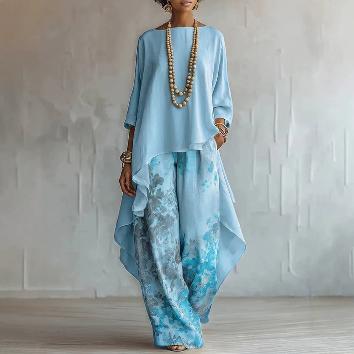 Boho two-piece set with asymmetric tunic and wide leg pants for women