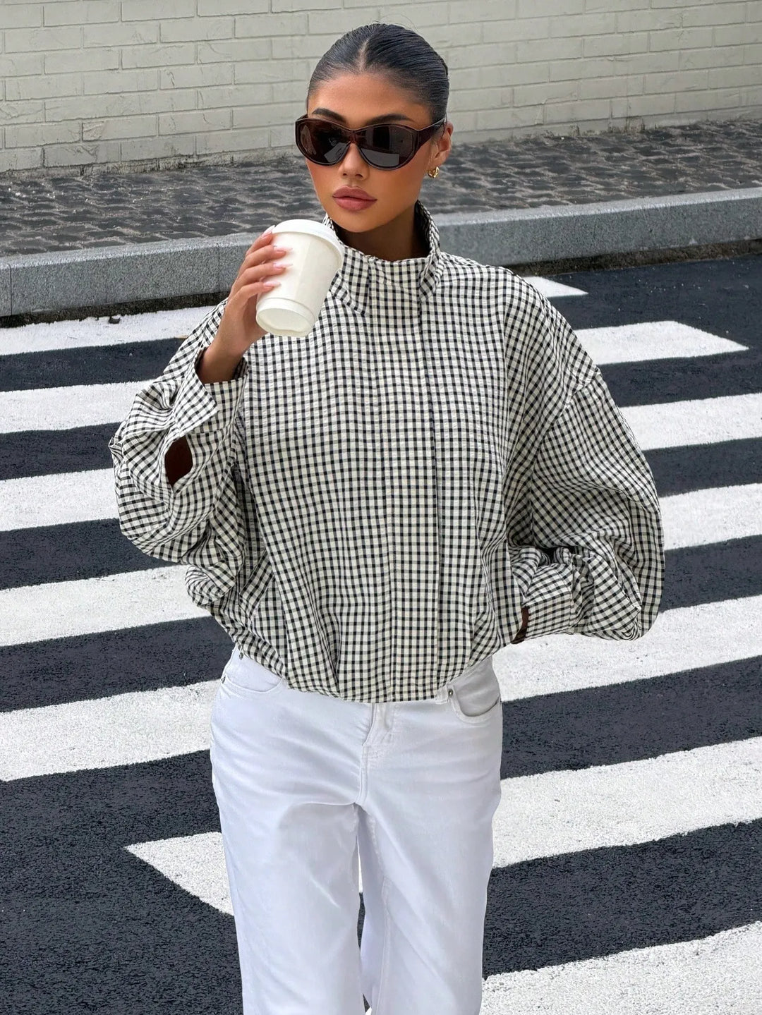 Lightweight plaid button-front jacket for women