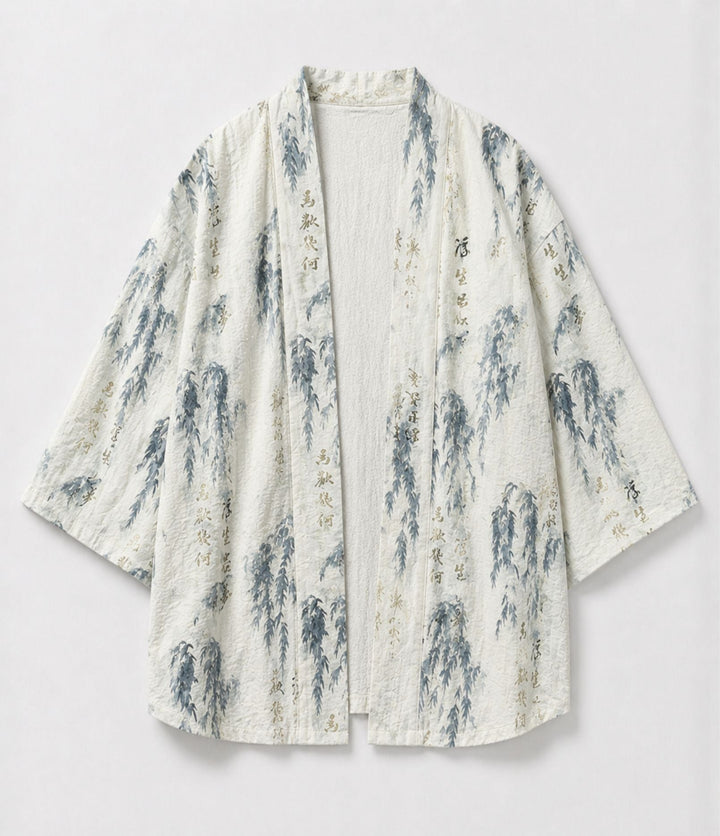 Haori kimono jacket with willow print and open front for women