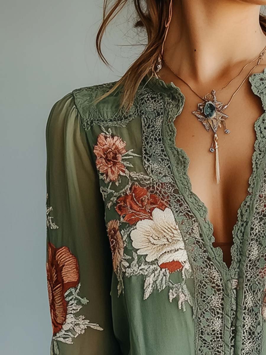 Floral lace blouse with sheer sleeves for women