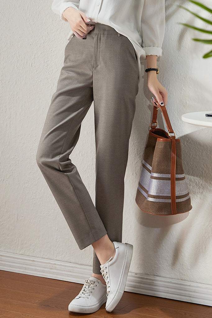 Cropped straight office trousers with elastic back for women