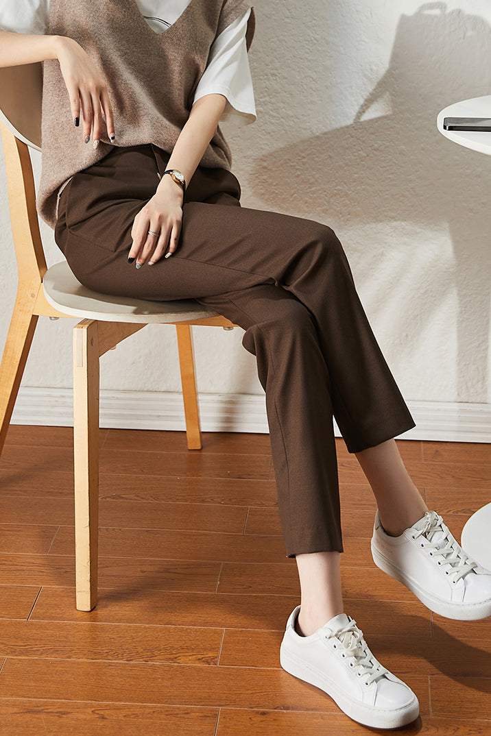 Cropped straight office trousers with elastic back for women