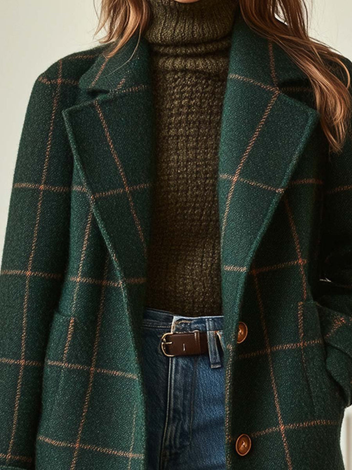 Plaid Tweed Lapel-Collar Coat for Women