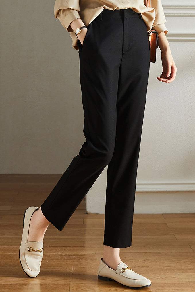 Cropped straight office trousers with elastic back for women