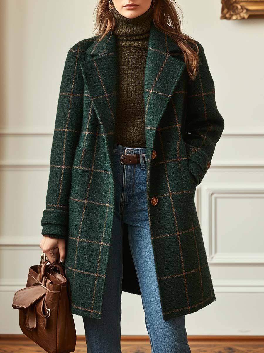 Wool-Blend Tweed Check Coat for Women