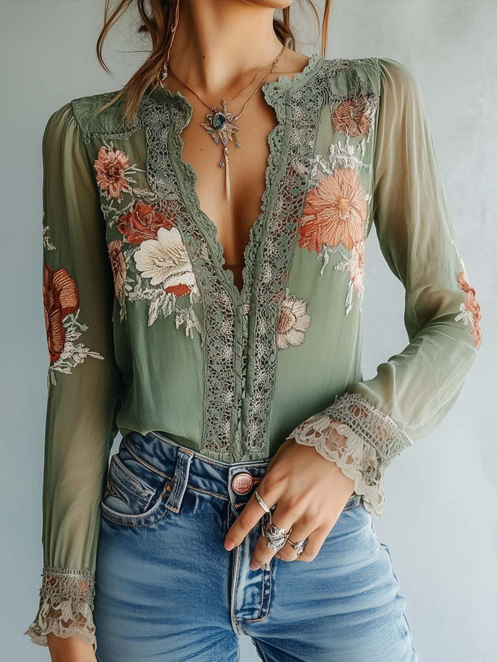 Floral lace blouse with sheer sleeves for women