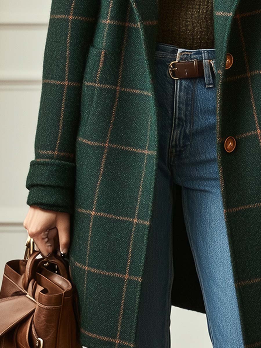 Wool-Blend Tweed Check Coat for Women
