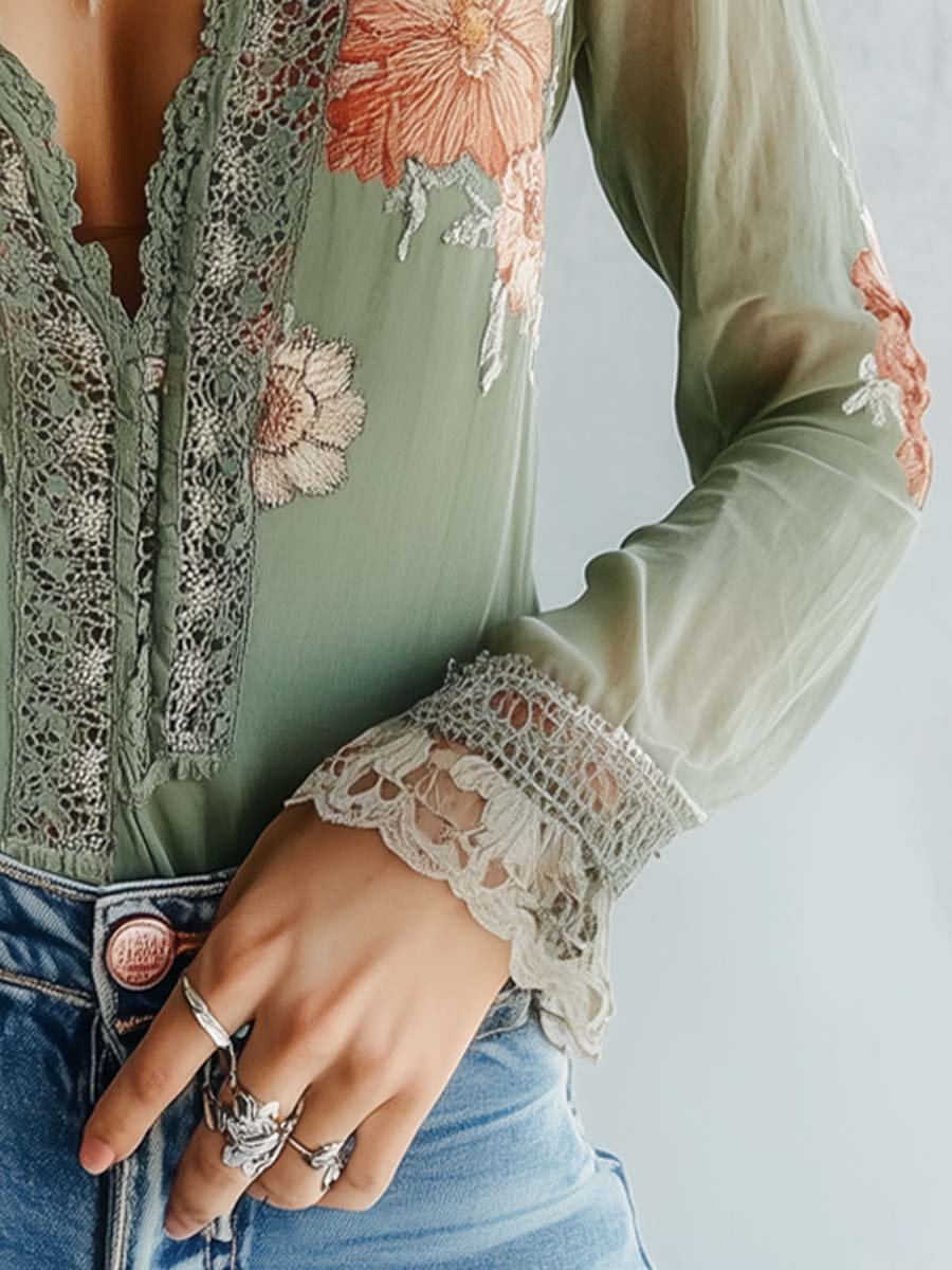 Floral lace blouse with sheer sleeves for women