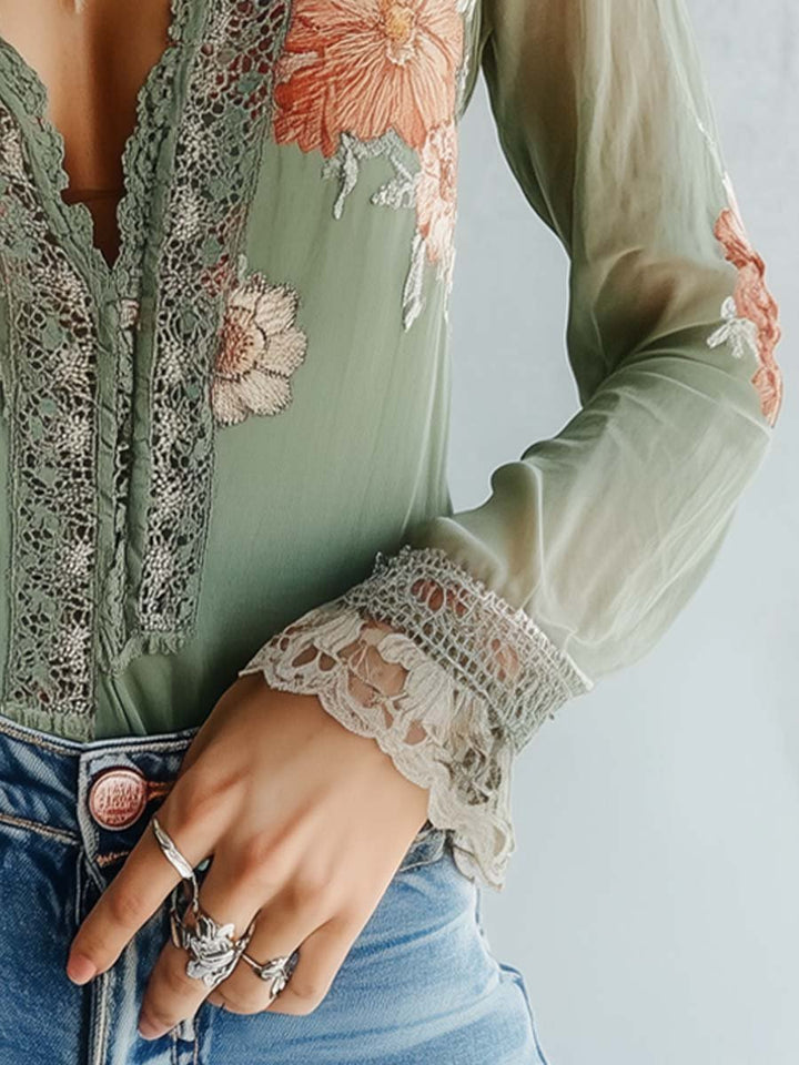 Floral lace blouse with sheer sleeves for women