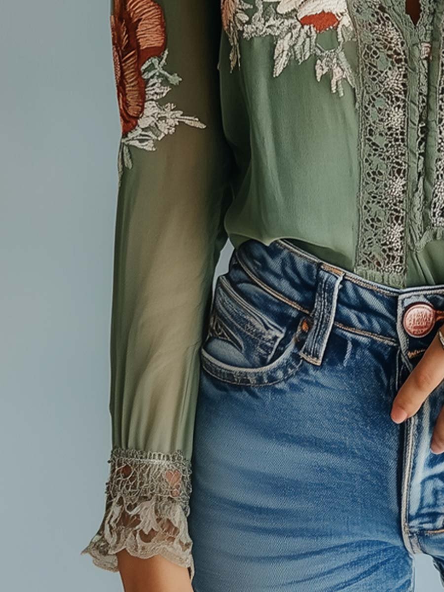 Floral lace blouse with sheer sleeves for women