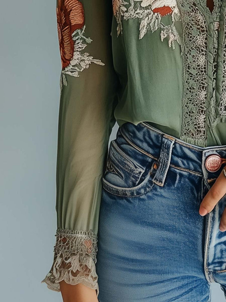Floral lace blouse with sheer sleeves for women