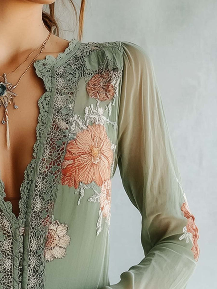 Floral lace blouse with sheer sleeves for women
