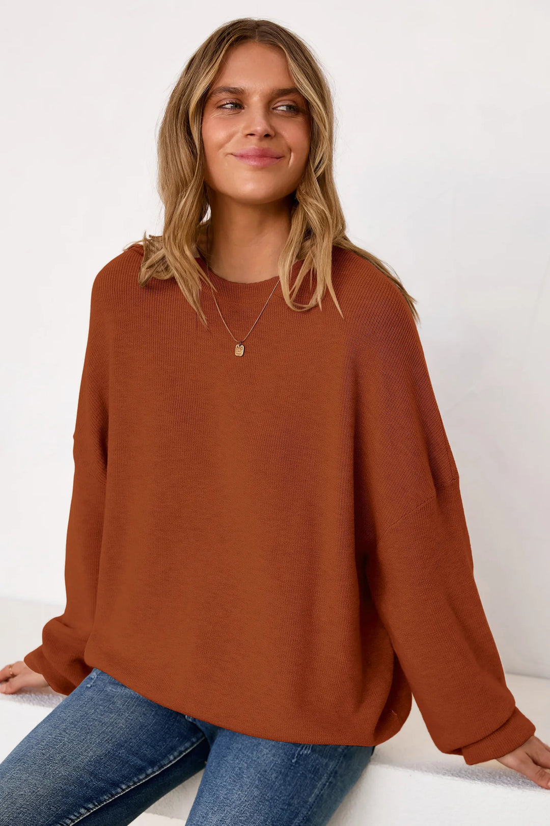Wool blend oversized crew neck jumper for women