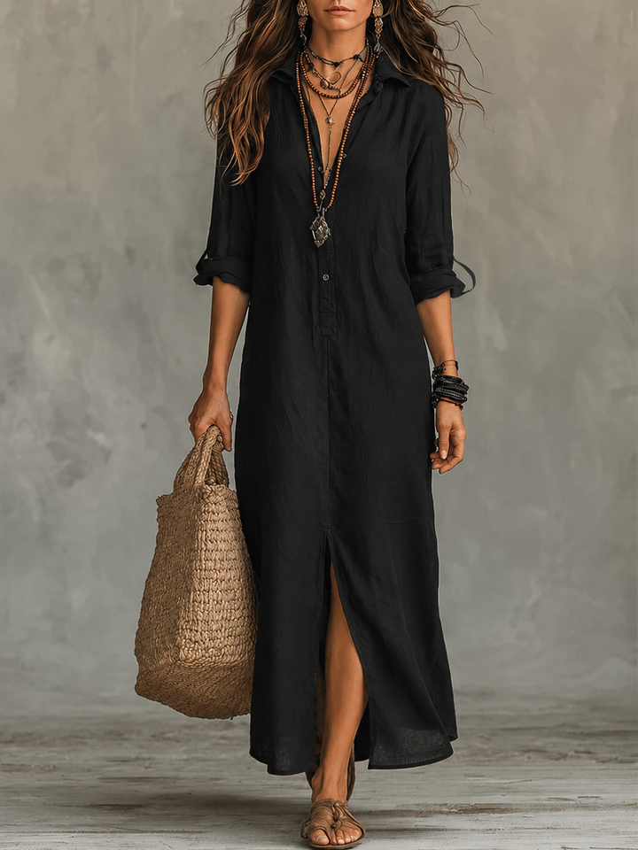 Button-front boho shirt maxi dress with long sleeves for women
