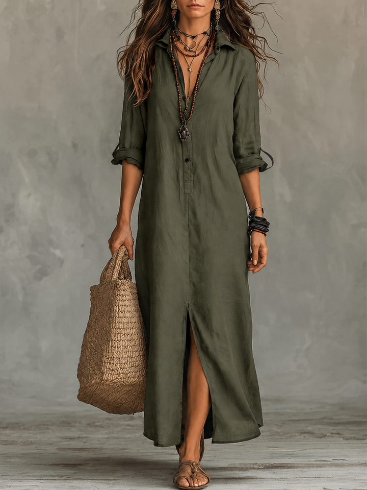 Button-front boho shirt maxi dress with long sleeves for women