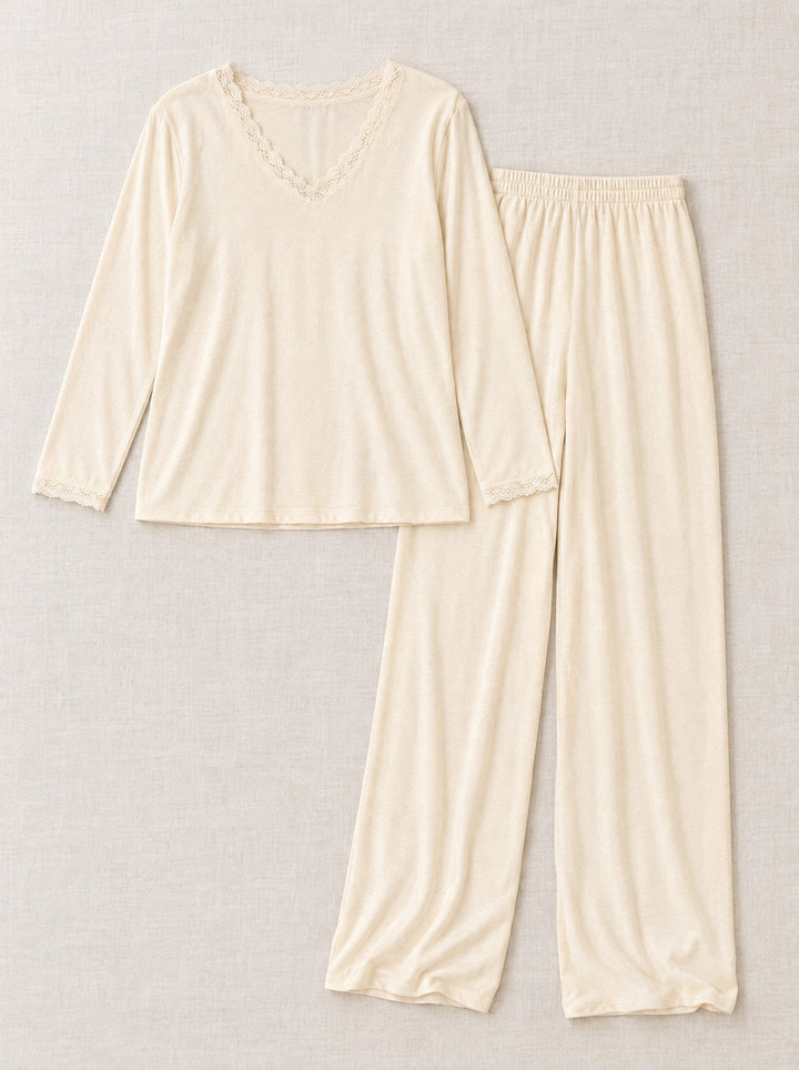 Lace-trim V-neck pyjama set in apricot, flat lay