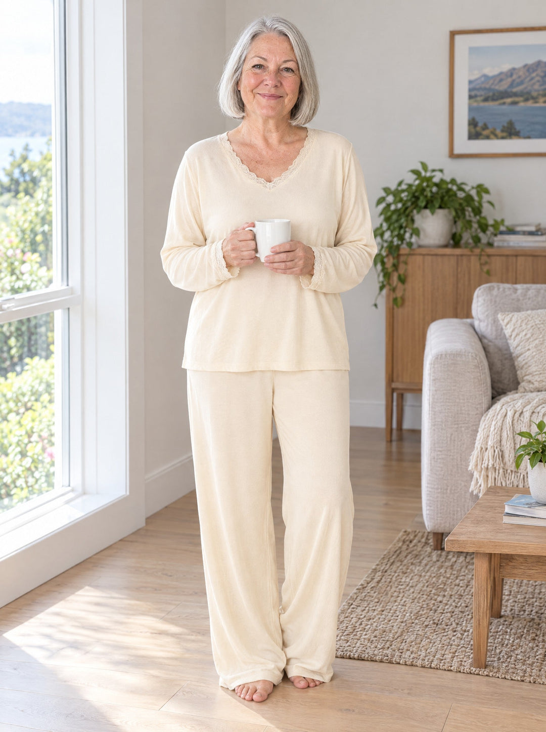 Woman wearing the lace-trim V-neck pyjama set in apricot