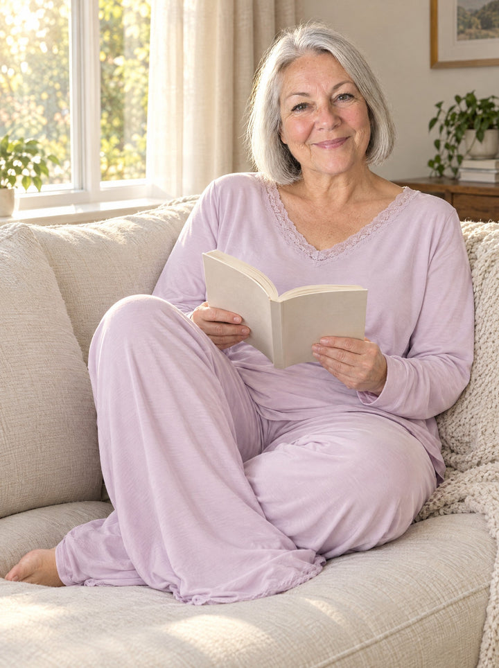 Woman reading on the sofa in the lace-trim V-neck pyjama set