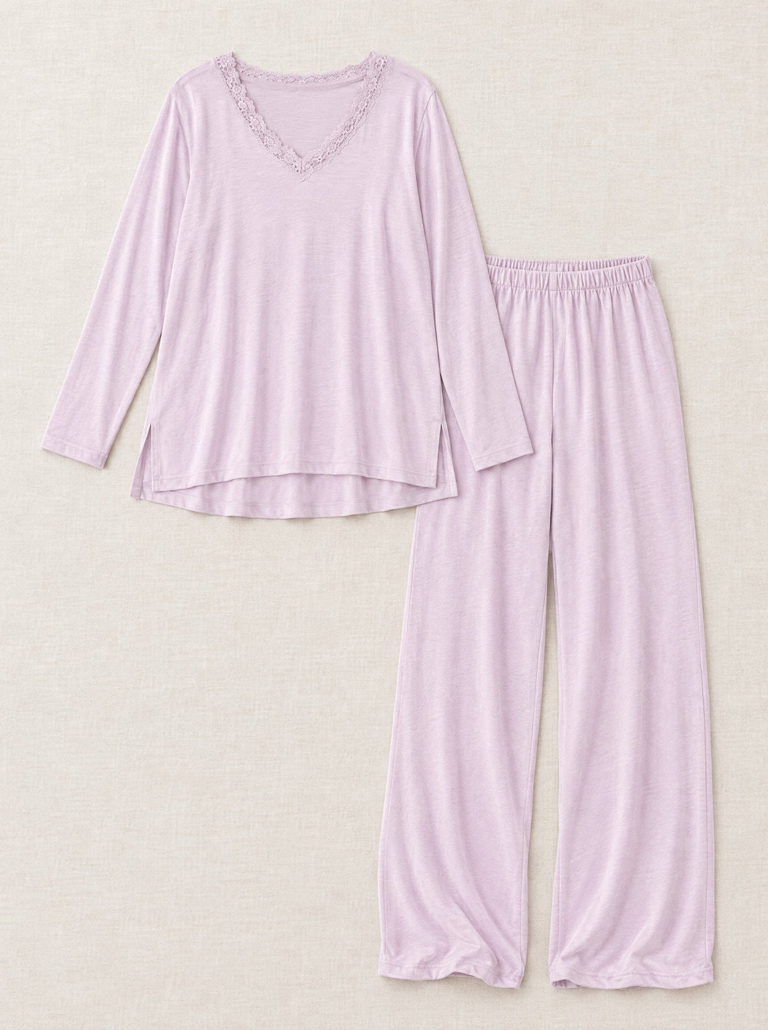 Lace-trim V-neck pyjama set in lilac, flat lay
