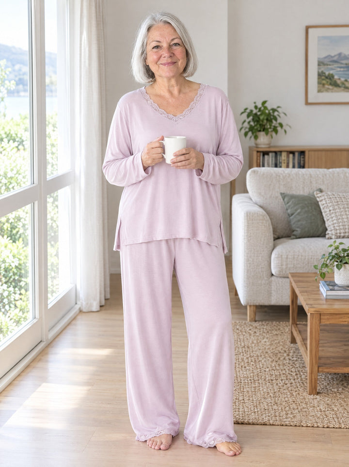 Woman wearing the lace-trim V-neck pyjama set in lilac