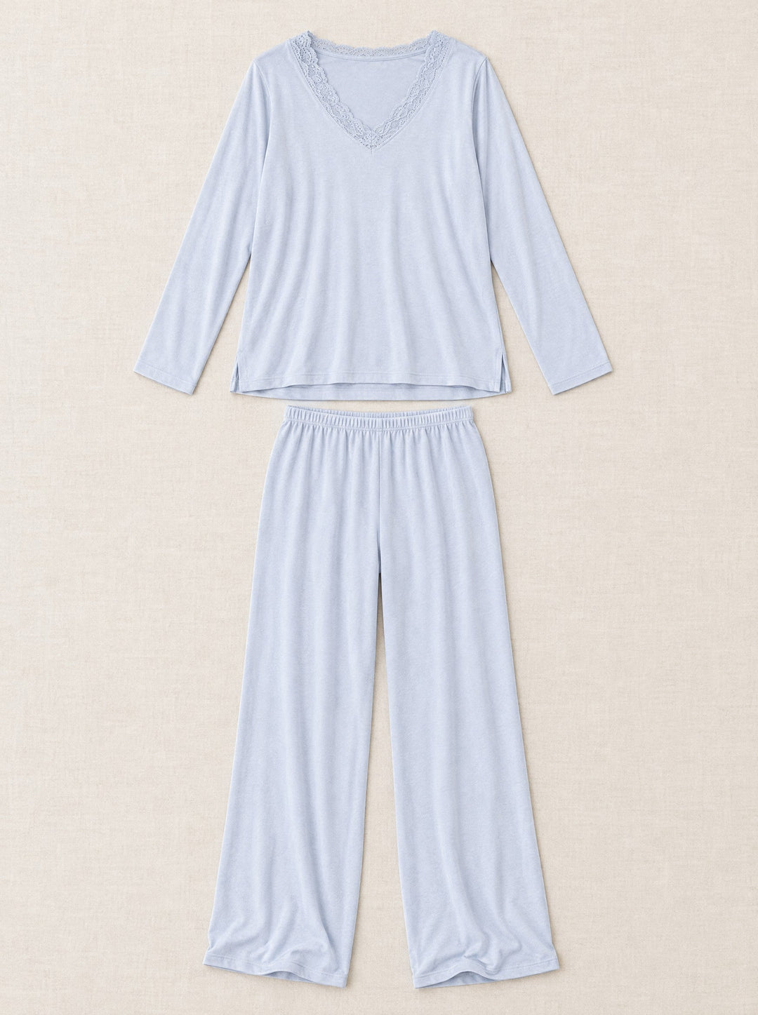 Lace-trim V-neck pyjama set in pale blue, flat lay