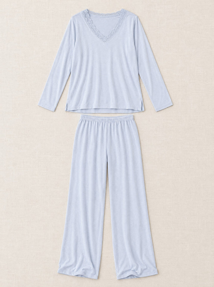Lace-trim V-neck pyjama set in pale blue, flat lay