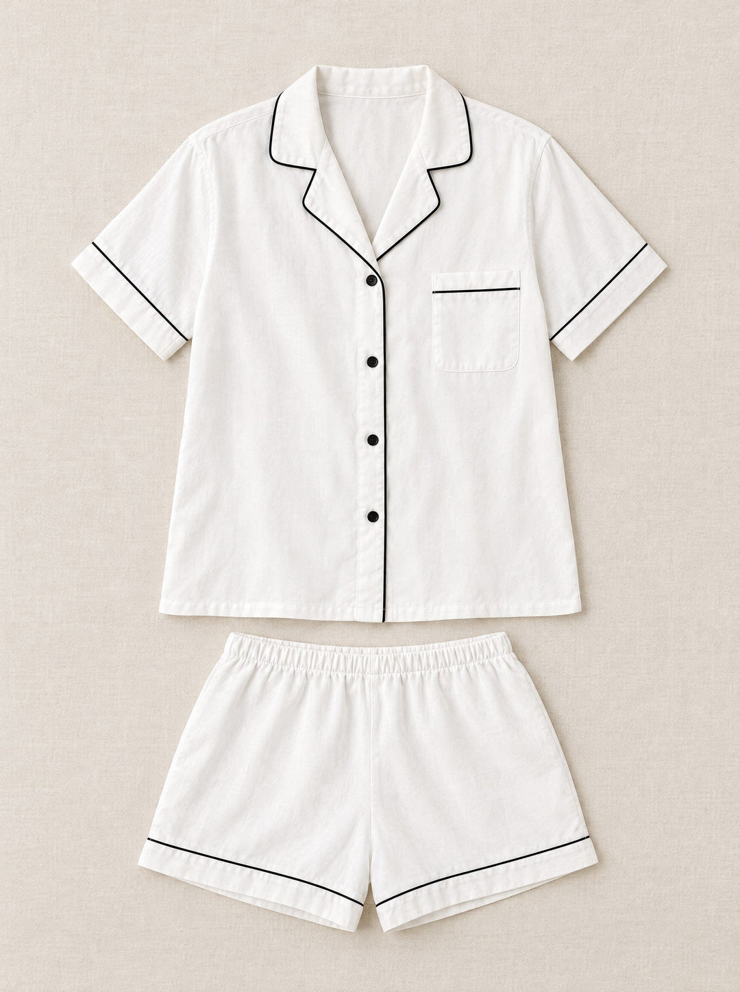 Lyocell short pyjama set with piping in white, flat lay